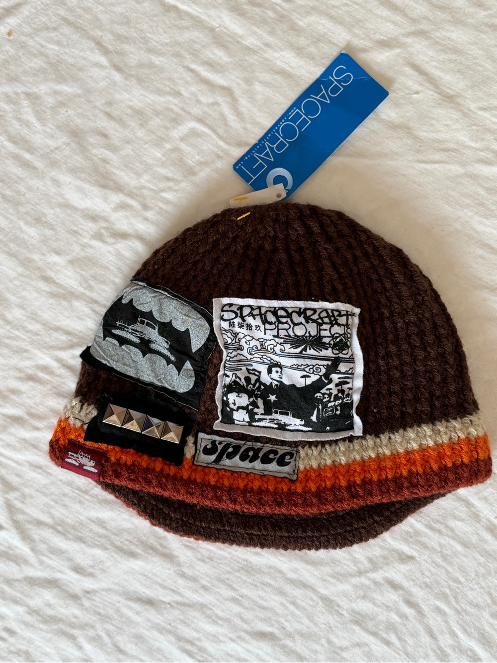 NWT Spacecraft Made in Bali Brown Knitted Beanie Decorative Patches